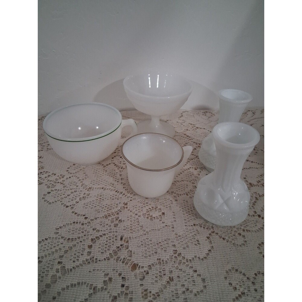 Vtg Milk White Glass Lot (5) Bud Vase Chalis Coffee Espresso Cup Dish